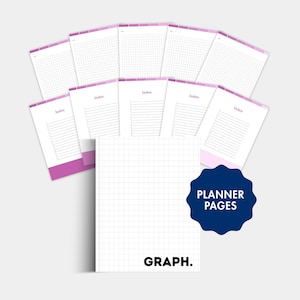 May include: A collection of planner pages with a grid pattern, featuring index pages and graph paper. The pages have pink and purple accents. The text "GRAPH." and "PLANNER PAGES" are visible.