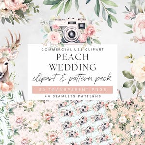 May include: A digital clipart and pattern pack with a peach wedding theme. The image features watercolour illustrations of flowers, a deer with floral antlers, a vintage camera, and various seamless patterns. The text reads "PEACH WEDDING clipart & pattern pack".