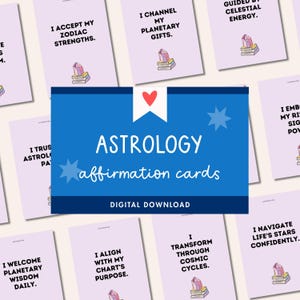 May include: A collection of astrology affirmation cards with various statements on each card. The cards are light purple with white text and small illustrations of crystals and books. A blue banner in the center reads "Astrology affirmation cards" and "Digital Download."