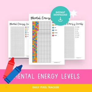 May include: Three printable "Mental Energy Levels" trackers with a grid design. The trackers have a colour-coded key for energy levels. A red and blue crayon are in the lower left corner. The text "INSTANT DOWNLOAD" is in a teal circle.