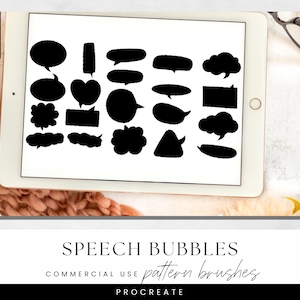 May include: A digital tablet displays a collection of black speech bubble designs in various shapes. The tablet is on a textured surface, with text at the bottom reading "SPEECH BUBBLES" and "COMMERCIAL USE pattern brushes PROCREATE".