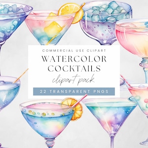 May include: Watercolor clipart pack featuring a variety of colorful cocktails in martini glasses. Each glass is filled with ice and garnished with fruit slices. The image includes text that reads "WATERCOLOR COCKTAILS clipart pack" and "22 TRANSPARENT PNGS."