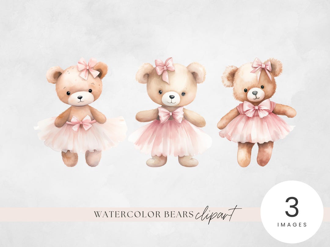 Watercolor Teddy Bear Clipart, Ballerina Bears in Tutus PNG, Cute ...