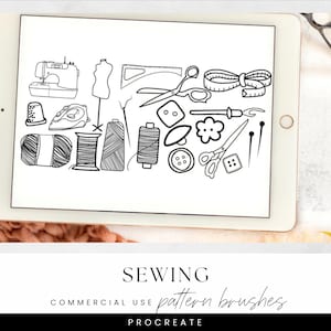 May include: A digital illustration of sewing tools, including a sewing machine, dress form, scissors, measuring tape, thread spools, buttons, and pins. The word "SEWING" is at the bottom of the image.