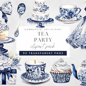 Paquete de imágenes prediseñadas de fiesta de té con acuarela, elegantes tazas de té con flores en azul marino y blanco, teteras, pasteles, velas, vestidos y lazos, PNG de fiesta