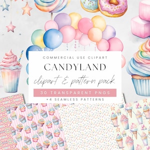 May include: Watercolor clipart and pattern pack featuring a Candyland theme. The image includes a gumball machine, cupcakes, ice cream, balloons, and donuts. The text reads "CANDYLAND clipart & pattern pack" with 30 transparent PNGs and 4 seamless patterns.