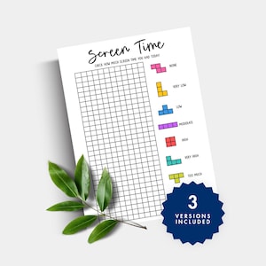 May include: A white paper with a grid for tracking screen time, with the text "Screen Time" and "Check how much screen time you had today". Includes Tetris-like shapes in various colors to indicate screen time levels. A blue badge says "3 versions included".