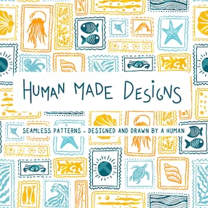 Puede incluir: Un patrón repetitivo con ilustraciones de criaturas marinas, como peces, medusas y estrellas de mar, dentro de marcos rectangulares. El diseño utiliza tonos azules, amarillos y naranjas, con el texto "HUMAN MADE DESIGNS" y "SEAMLESS PATTERNS - DESIGNED AND DRAWN BY A HUMAN".