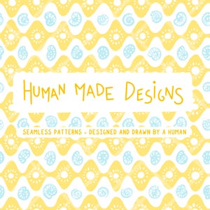May include: A seamless pattern design with a yellow and white wavy background. The pattern includes light blue seashell and sun-like shapes. The text "HUMAN MADE DESIGNS" is in yellow, with the text "SEAMLESS PATTERNS - DESIGNED AND DRAWN BY A HUMAN" below.