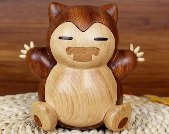 Handmade Wooden Monster Snorlax Figurine,Natural Wood Collectible Gift for Anime Lovers,Wood Home Decor Gift