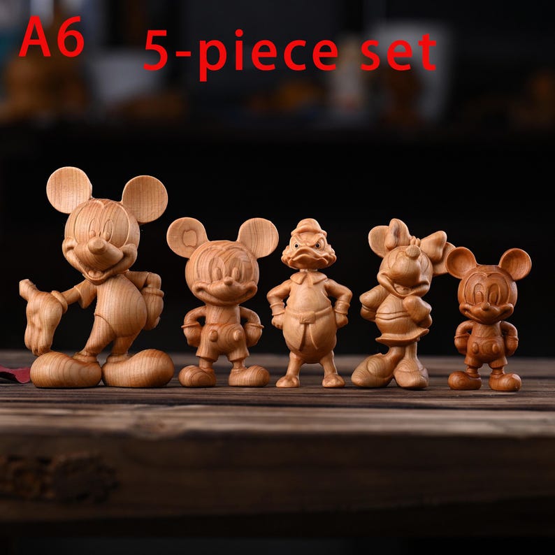 Hand Carved Wooden Cartoon Figurines Set, Vintage Style Wood Sculptures ...