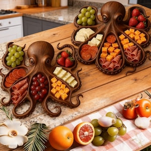 Handmade Wooden Octopus Charcuterie Board, Carved Wood Serving Tray, Cat, Dog Shaped Wooden Fruit Platter,Unique Kitchen Decor Gift