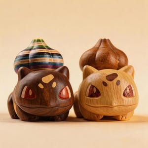 May include: Two wooden figurines of a creature with a bulbous plant on its back. The left figurine is dark brown with a multi-coloured striped bulb. The right figurine is light brown with a solid wood-grain bulb. Both have pointed ears and red eyes.