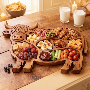 Bandeja de madera tallada a mano con forma de toro, tabla de embutidos con forma de animal, bandeja para aperitivos y frutas, decoración rústica de cocina, bandeja para aperitivos de fiesta.
