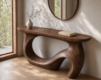 Sculptural Walnut Finish Console Table, Organic Modern Entryway Statement Furniture
