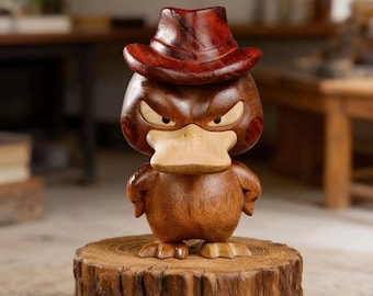 Handcrafted Wooden Anger Psyduck Figurine,Pokemon Inspired Wood Sculpture, Cute Desk Decor Gift