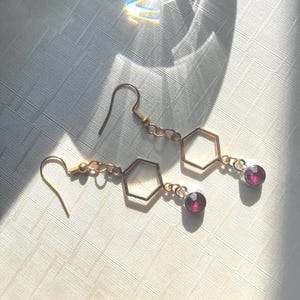 Può includere: Un paio di orecchini color oro. Ogni orecchino presenta un ciondolo esagonale e una piccola gemma rotonda rosso scuro. Gli orecchini hanno un semplice design a gancio per orecchie forate.