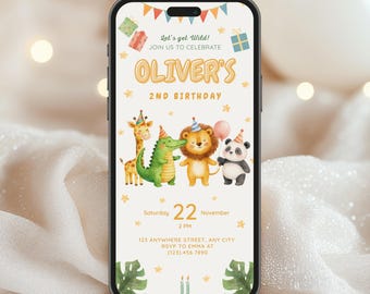 Wild Animals Birthday Mobile Invitation, Editable Canva Template, Jungle Safari Kids Party Invite, Digital Download