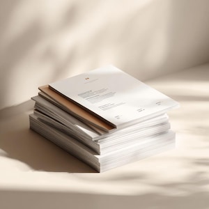 May include: A stack of white and tan paper documents, with text visible on the top sheet. The papers are neatly arranged, with a few sheets of tan paper interspersed within the stack. The background is a soft, neutral color.