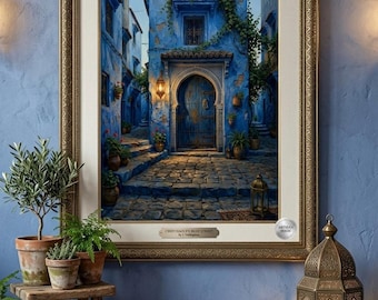 Moroccan Blue City Door Art: Chefchaouen Riad Architecture Print (Digital Download)