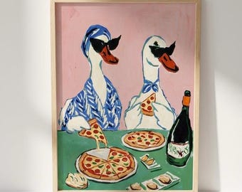 Pizza & Wine Night Ducks, Funny Kitchen Wall Art.