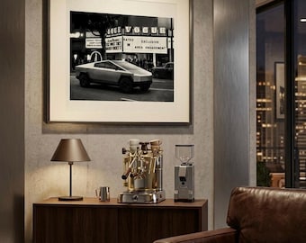 Cybertruck Retro Futuristic Poster | Black and White Car Print | Vintage Theater Photography Wall Art | Digital Download Industrial Decor