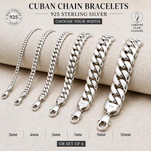 Könnte beinhalten: Eine Auswahl an kubanischen Panzerketten-Armbändern aus 925er Sterlingsilber in verschiedenen Breiten von 3 mm bis 10 mm. Jedes Armband hat einen Karabinerverschluss und ist mit "925" gekennzeichnet. Der Text "Cuban Chain Bracelets" und "Choose Your Width" ist abgebildet.