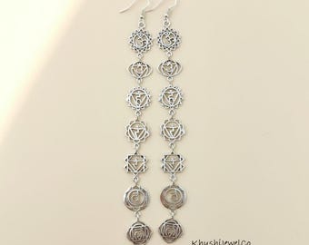 Sterling Silver Seven Chakra Dangle Earrings | Spiritual Jewelry