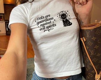 Baby Tee, Gen Z Shirt, Sassy Y2K Crop Top Style, Retro 90s/2000s Women's Shirt, Cat Mom Baby Tee, Gift for Her, Pet Love Tee, Cat Are Guards