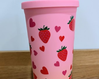 Pink Tumbler with hearts and Strawberries design, handmade.