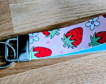 Handmade, Strawberry Pattern, Wristlet Keyring with optional Personalisation.
