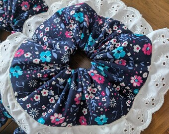 Blue Flower Pattern Large Hair Scrunchie.