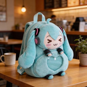 May include: A light blue plush backpack featuring a cartoon character design. The backpack has a heart-shaped window and a top handle. The character has light blue hair, pink accents, and black details. The backpack is sitting on a wooden table.