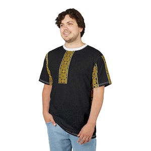 Islamic Geometric Thobe Panel Tee | All-Over Print Black Gold