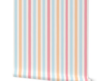 Wallpaper in Summer Vibes - vertical cabana stripe blue peach warm yellow - 1 roll