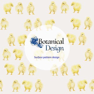 Op de afbeelding: Waterverfpatroon met talrijke gele kuikens op een lichte achtergrond. Het ontwerp bevat de tekst "Botanical Design" en "Surface pattern design" in een witte cirkel, wat een charmante uitstraling creëert.