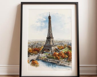 Vintage Eiffel Tower Print, Paris Cityscape, Travel Art (Digital Download)