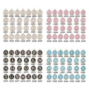 May include: A collection of gold-toned alphabet charms with various enamel colors. Each charm features a different letter of the alphabet, perfect for personalized jewelry. The charms are round with a small loop for attaching to a chain or bracelet.