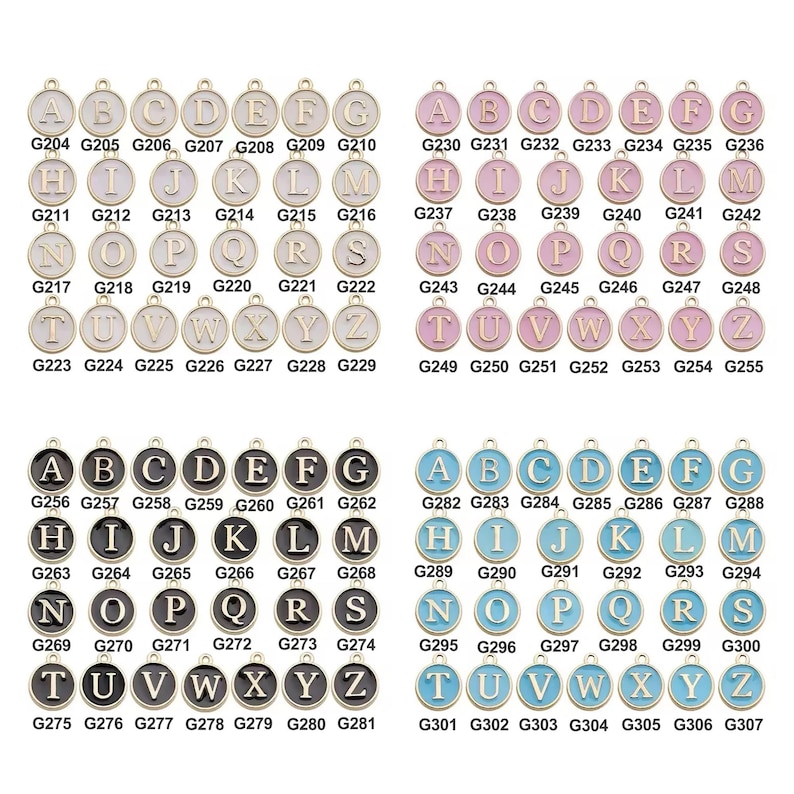 May include: A collection of gold-toned alphabet charms with various enamel colors. Each charm features a different letter of the alphabet, perfect for personalized jewelry. The charms are round with a small loop for attaching to a chain or bracelet.