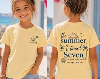 Camiseta juvenil personalizada, camiseta de cumpleaños para niños, El verano en que cumplí años, Top de chica costera, Conjunto para vacaciones en la playa, Camiseta reversible, Nombre personalizado para niña