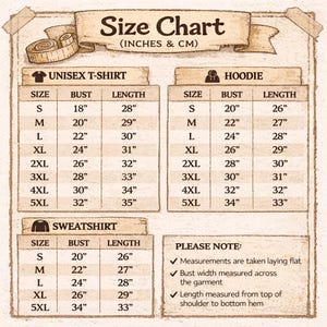 Puede incluir: Una tabla de tallas para camisetas unisex, sudaderas con capucha y sudaderas, con medidas en pulgadas y cm. La tabla incluye medidas de pecho y largo para las tallas S a 5XL. El texto "Size Chart" est&aacute; en la parte superior.
