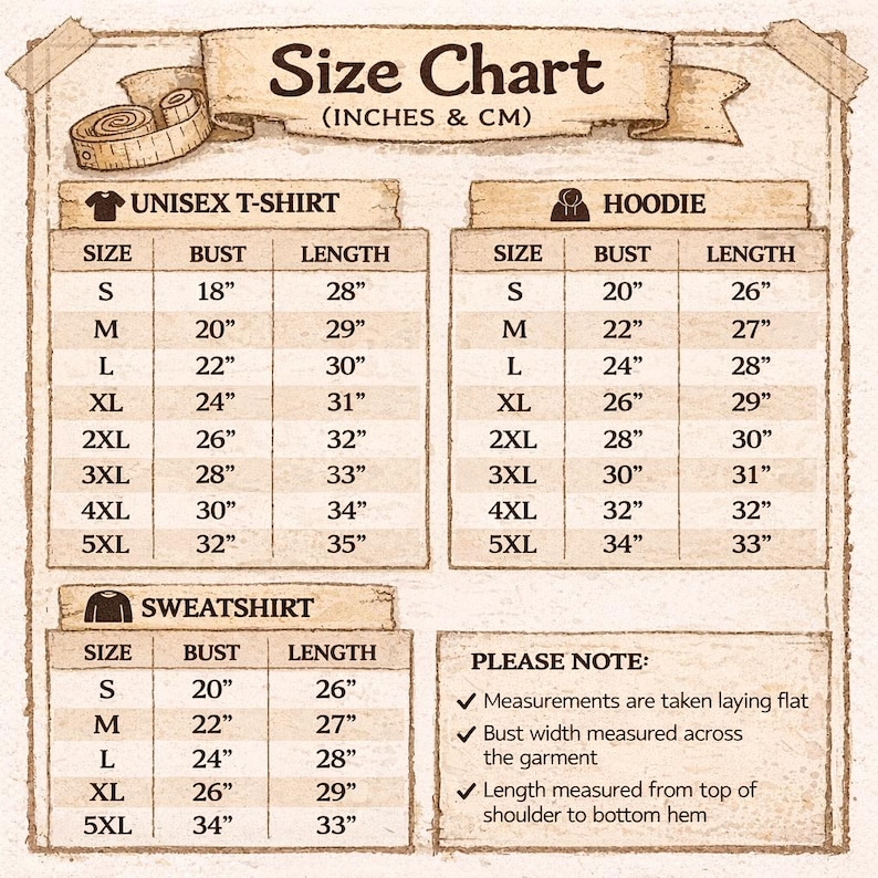 Puede incluir: Una tabla de tallas para camisetas unisex, sudaderas con capucha y sudaderas, con medidas en pulgadas y cm. La tabla incluye medidas de pecho y largo para las tallas S a 5XL. El texto "Size Chart" est&aacute; en la parte superior.