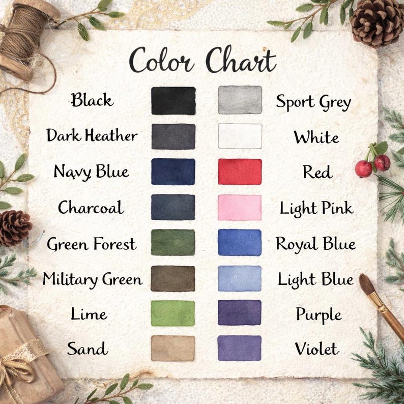 Puede incluir: Una carta de colores con est&eacute;tica de acuarela, que presenta una variedad de muestras de color. La carta incluye colores como negro, azul marino, rojo y morado, con el texto "Color Chart" en la parte superior. Elementos decorativos rodean la carta.