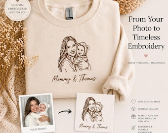 Custom Photo Embroidered Sweatshirt, Outline Portrait from Picture, Line Art Mom Crewneck, Personalized Mothers Day Gift, New Mom Sweater