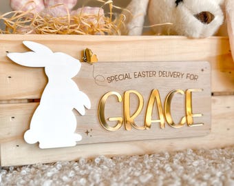 Personalised Easter Crate Plaque | Wood Acrylic Bunny Name Sign