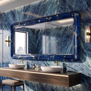 Peut inclure: Salle de bain luxueuse avec des murs en marbre bleu et un grand miroir rectangulaire avec un cadre bleu foncé et des accents dorés. Comprend une vanité en bois flottante avec deux lavabos blancs, des robinets dorés et un petit tabouret. Comprend une douche et une baignoire.