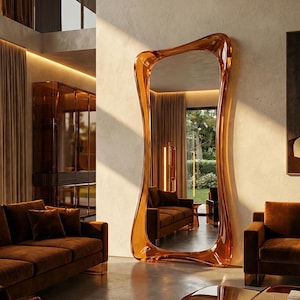 Asymmetrical Glossy Full Lenght Mirror, Irregular Standing Mirror, Transparent Epoxy Resin Framed Office Floor Mirror, Living Room Mirror