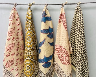 Set of 5 Organic Cotton Bandanas | Indian Block Print Head Scarves