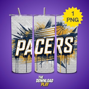 May include: Three stainless steel tumblers with lids and straws. Each tumbler features a design with the word "PACERS" in white and navy blue, a basketball, and a brick wall background with yellow and black accents. The text "THE DOWNLOAD PLAY" is at the bottom.