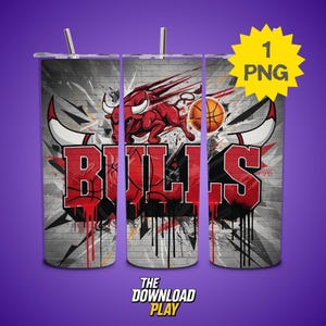 May include: A set of three stainless steel tumblers featuring a Chicago Bulls design. The design includes the team's logo, a red bull, and the word "Bulls" in bold red letters against a gray brick wall background. The tumblers have a silver straw.